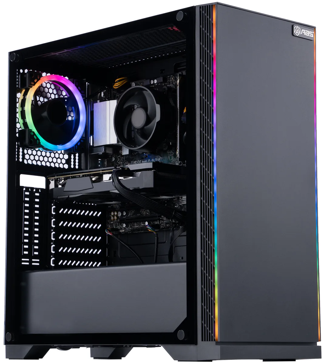 Black mid-tower PC case with front RGB fan visible