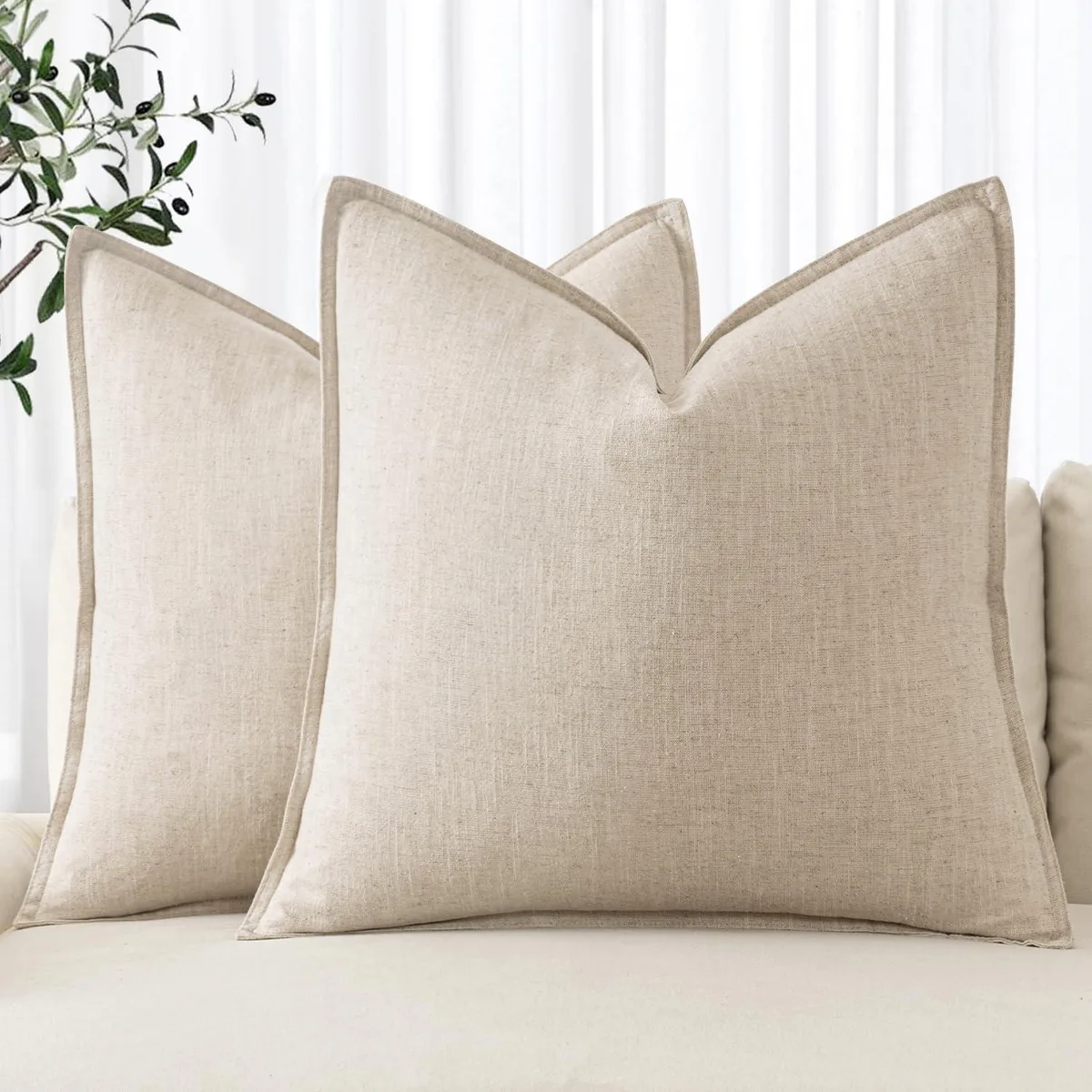 MIULEE 24x24 Natural Beige Linen Euro Sham Pillow Covers Pack of 2 — 商品照片