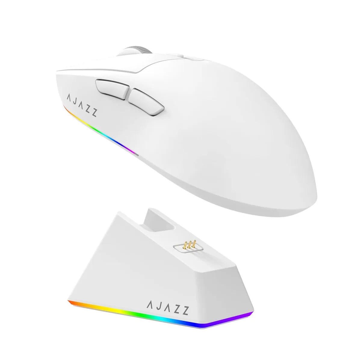 White ergonomic right-handed gaming mouse with charging dock, 16 buttons and RGB lighting