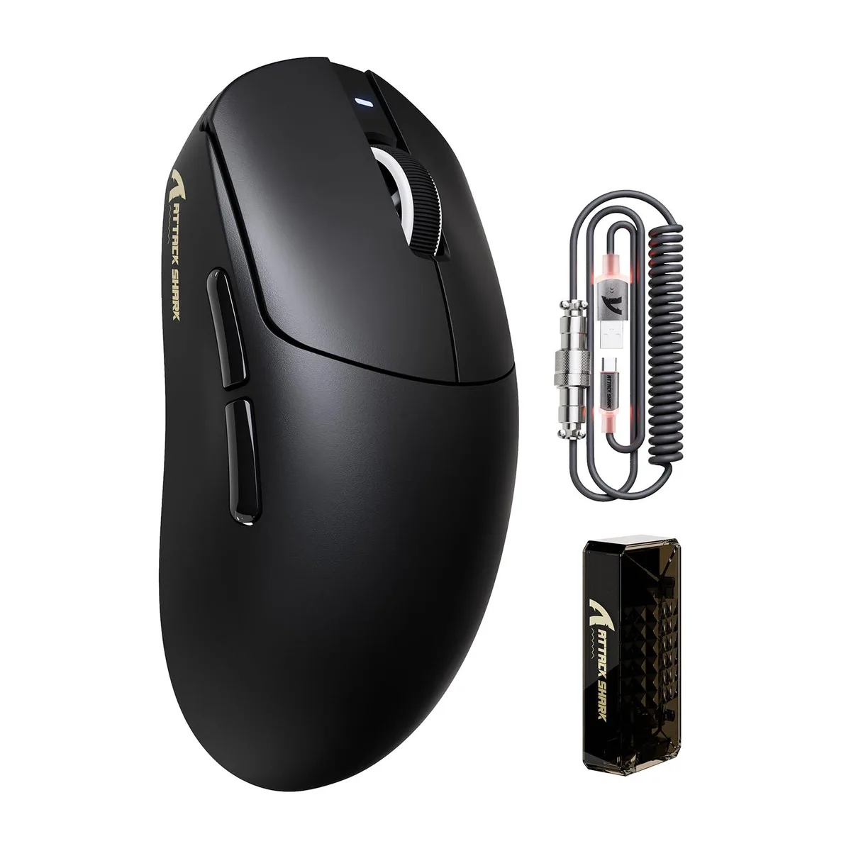 Black ultra-light gaming mouse with ergonomic right-handed shape and coiled USB-C cable