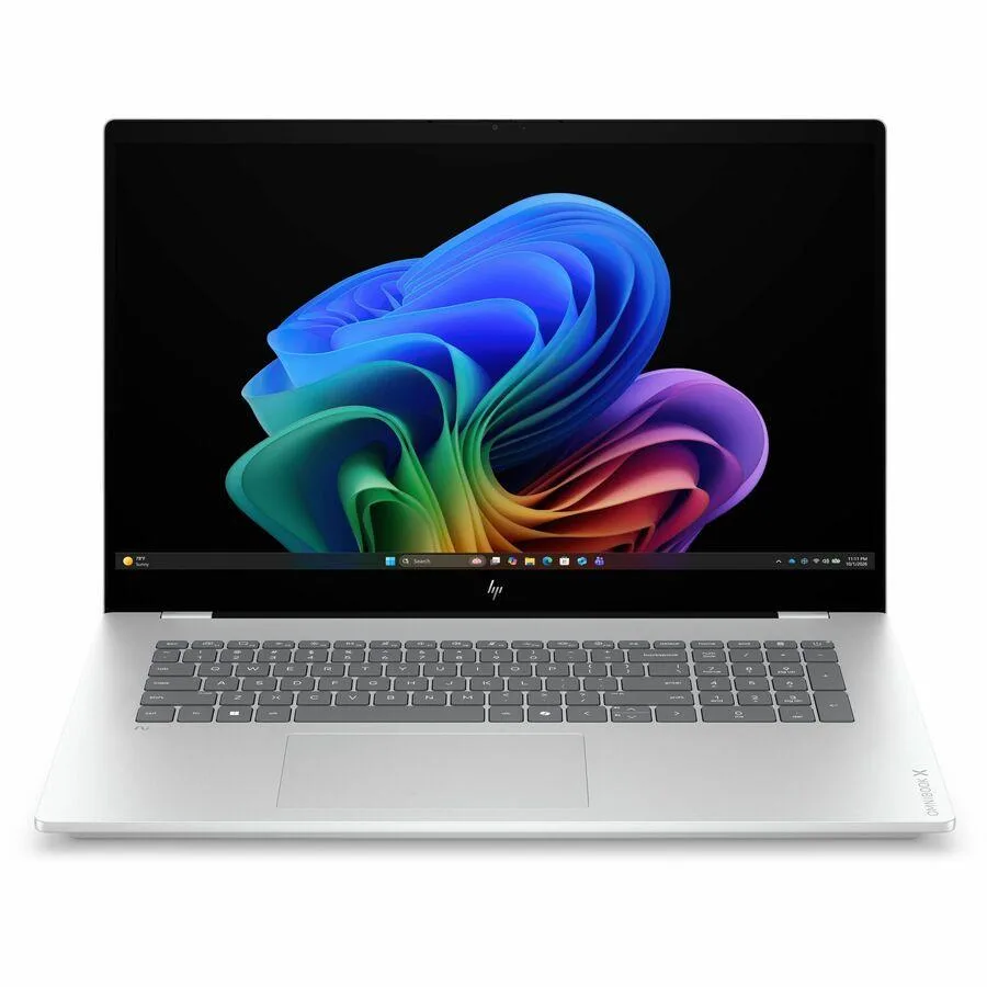 Silver 17.3 inch touchscreen laptop closed on flat surface