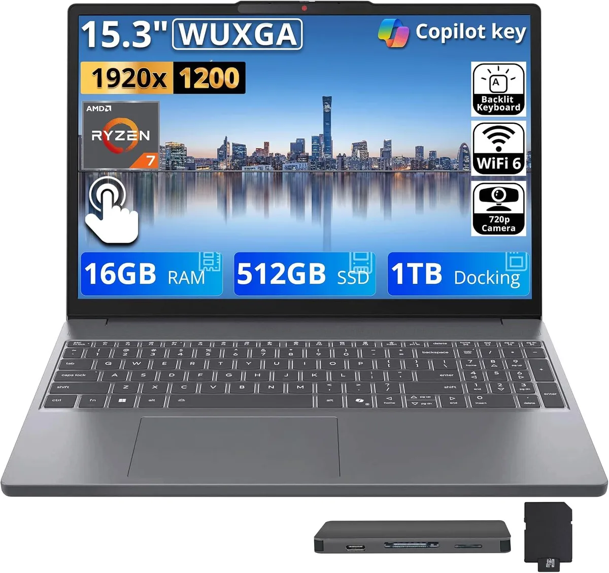 Lenovo Lenovo IdeaPad Slim 3 15.3" WUXGA Touch AMD Ryzen 7 8840HS 16GB 1.5TB Luna Gray — صورة المنتج