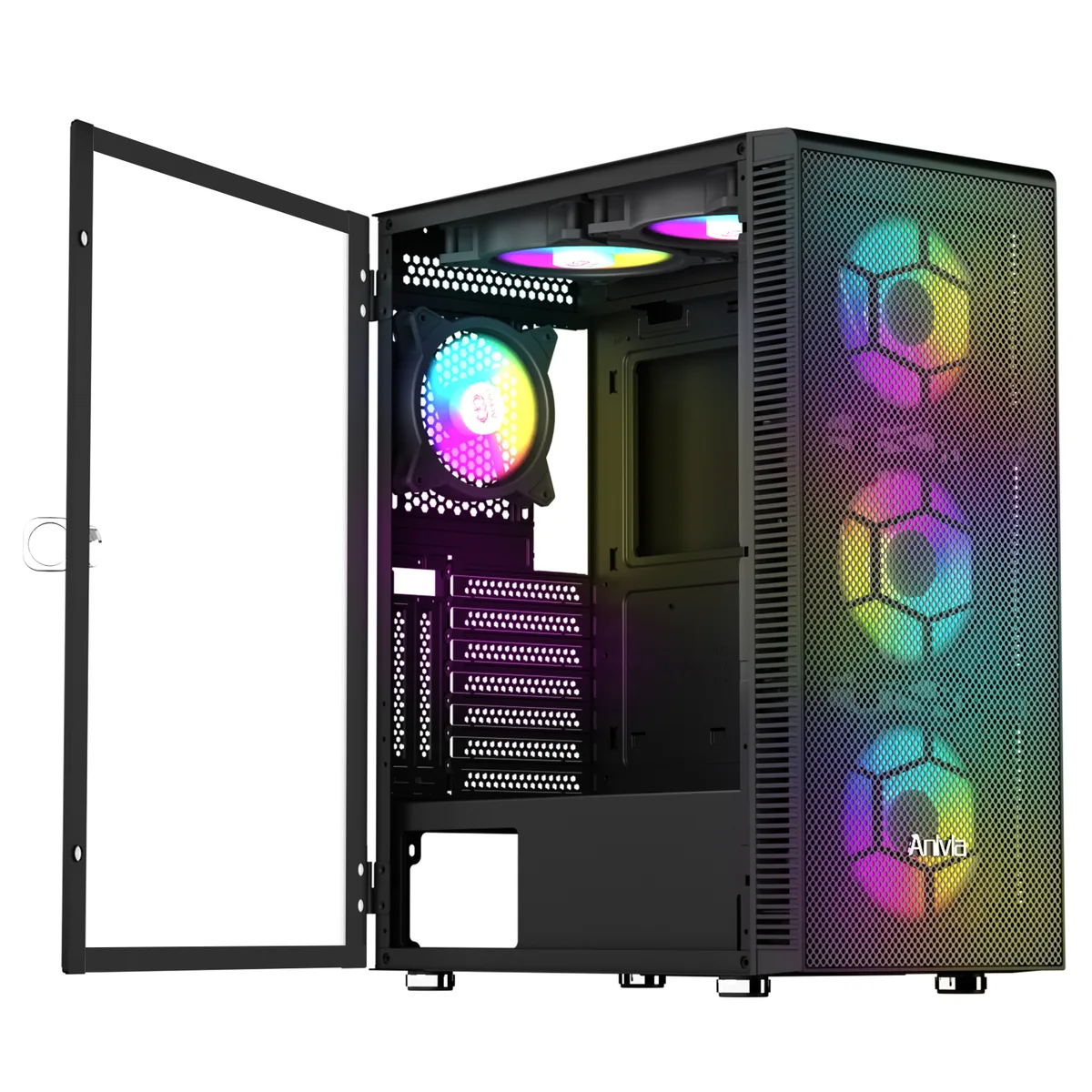 Black mid-tower case with tempered glass side panel, mesh front, six rainbow LED fans visible
