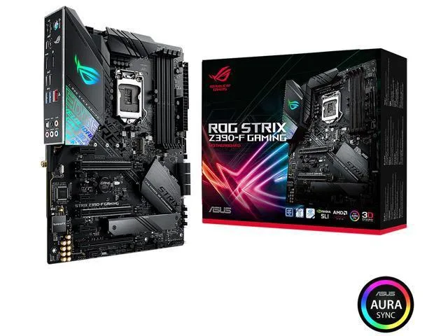 ATX motherboard with black and silver heatsinks and ROG branding