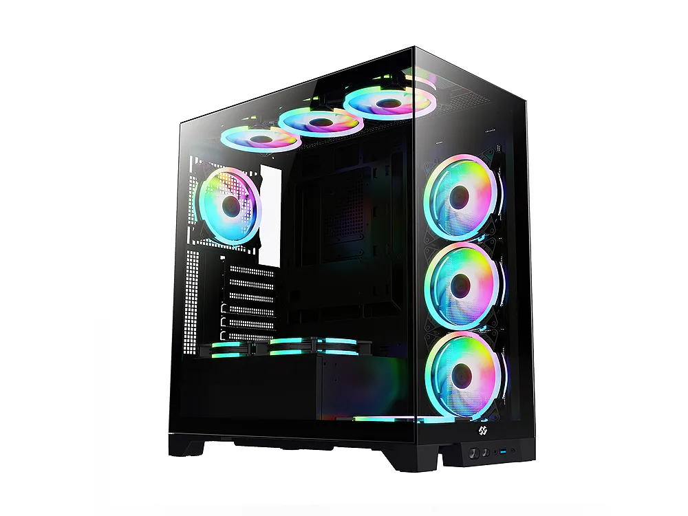 Black mid-tower case with continuous tempered glass front and side panels