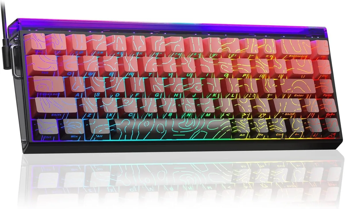 Compact 60 percent keyboard with side printed PBT keycaps and RGB lighting