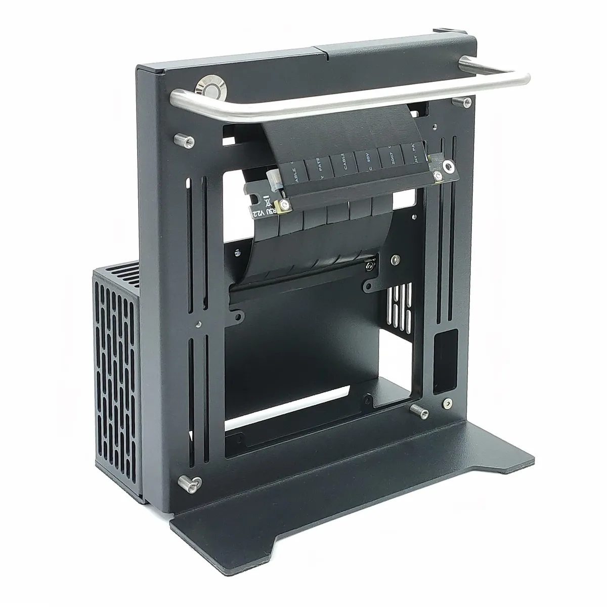 Small open-air PC chassis with vertical layout, silver metal frame exposing internal components