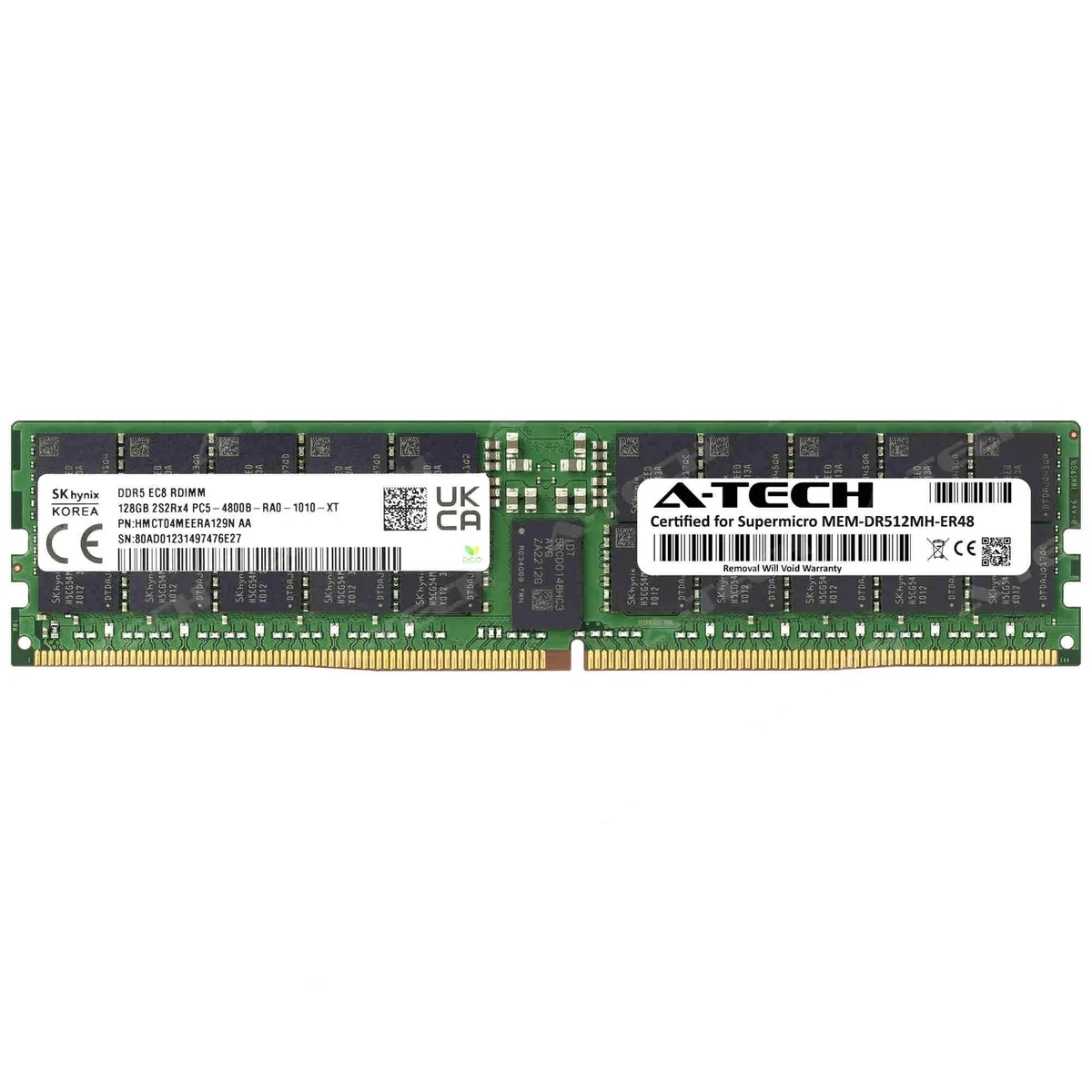 A green rectangular DDR5 RDIMM module with black memory chips and a silver label, 288-pin edge connector visible