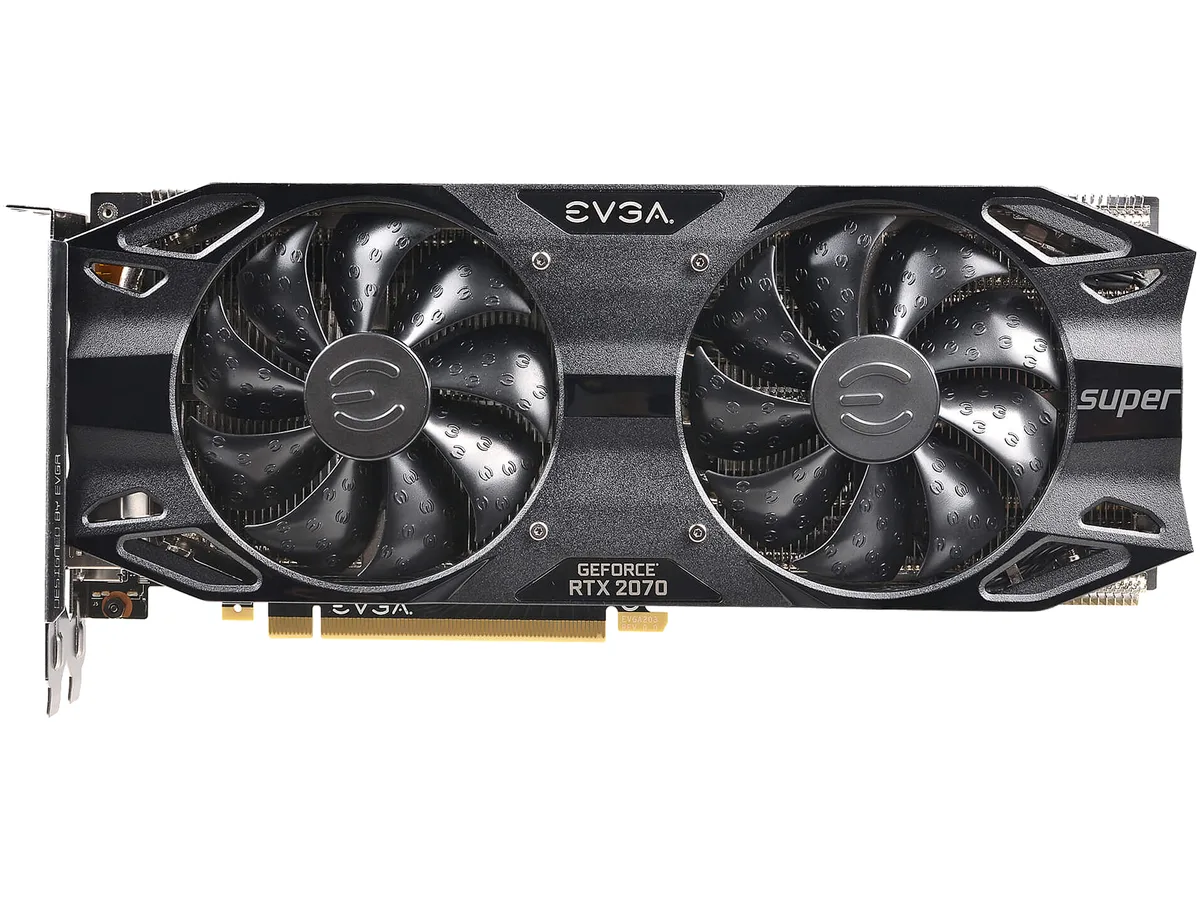 Black dual-fan graphics card with metal backplate