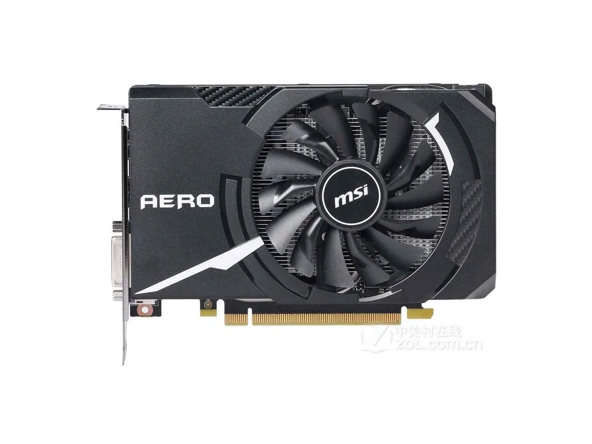 Compact black graphics card with single fan and 6-pin power connector