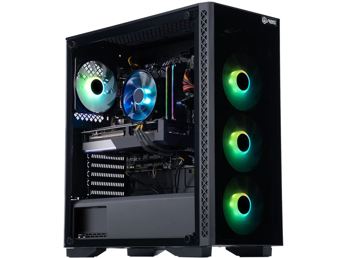 Black mid-tower case with tempered glass panels and RGB lighting