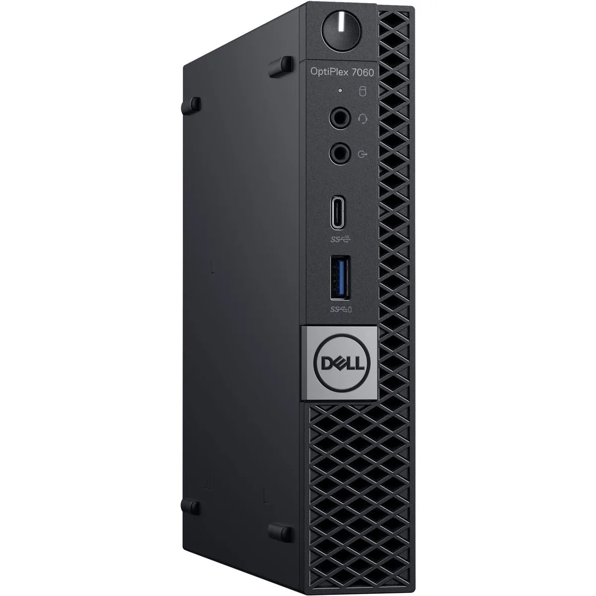 Compact black micro-tower desktop on a plain background