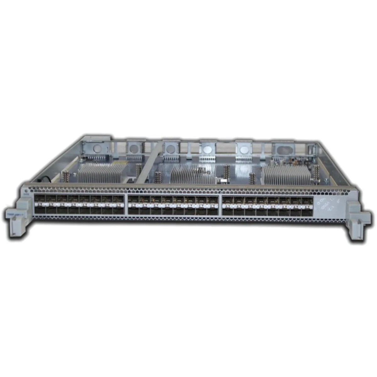 Rectangular silver line card with 48 SFP+ ports on the front face