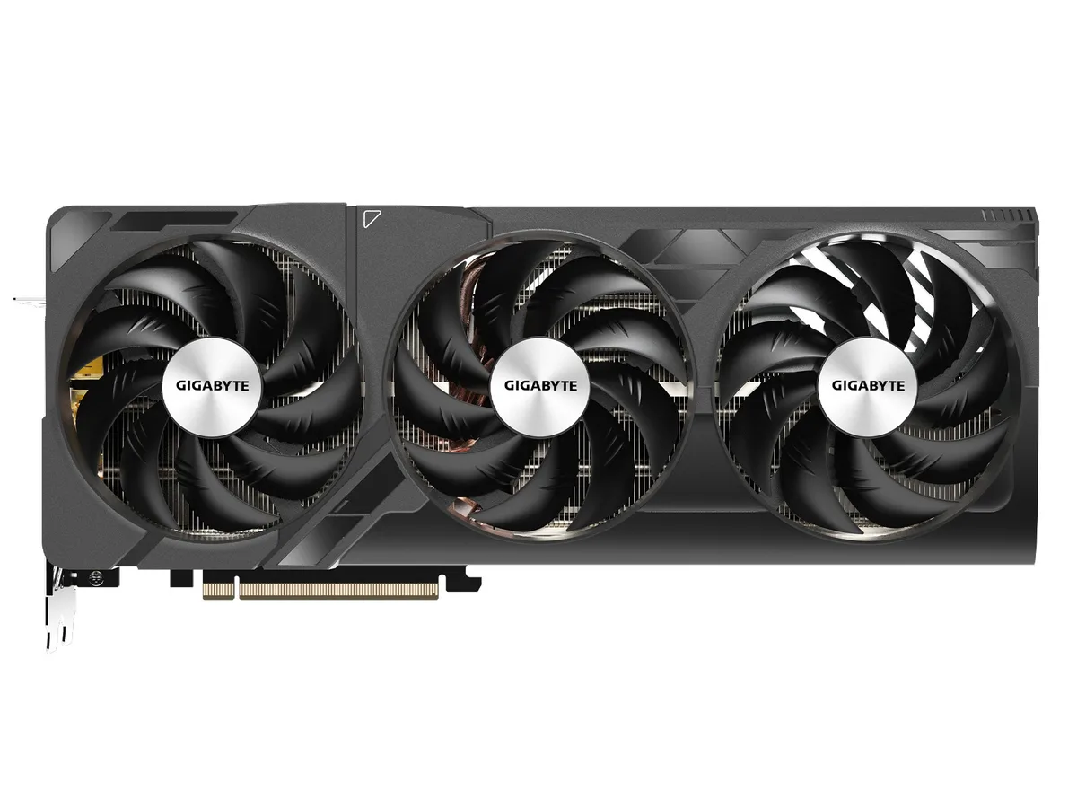 Triple-fan graphics card in dark finish with metal backplate, three-slot width
