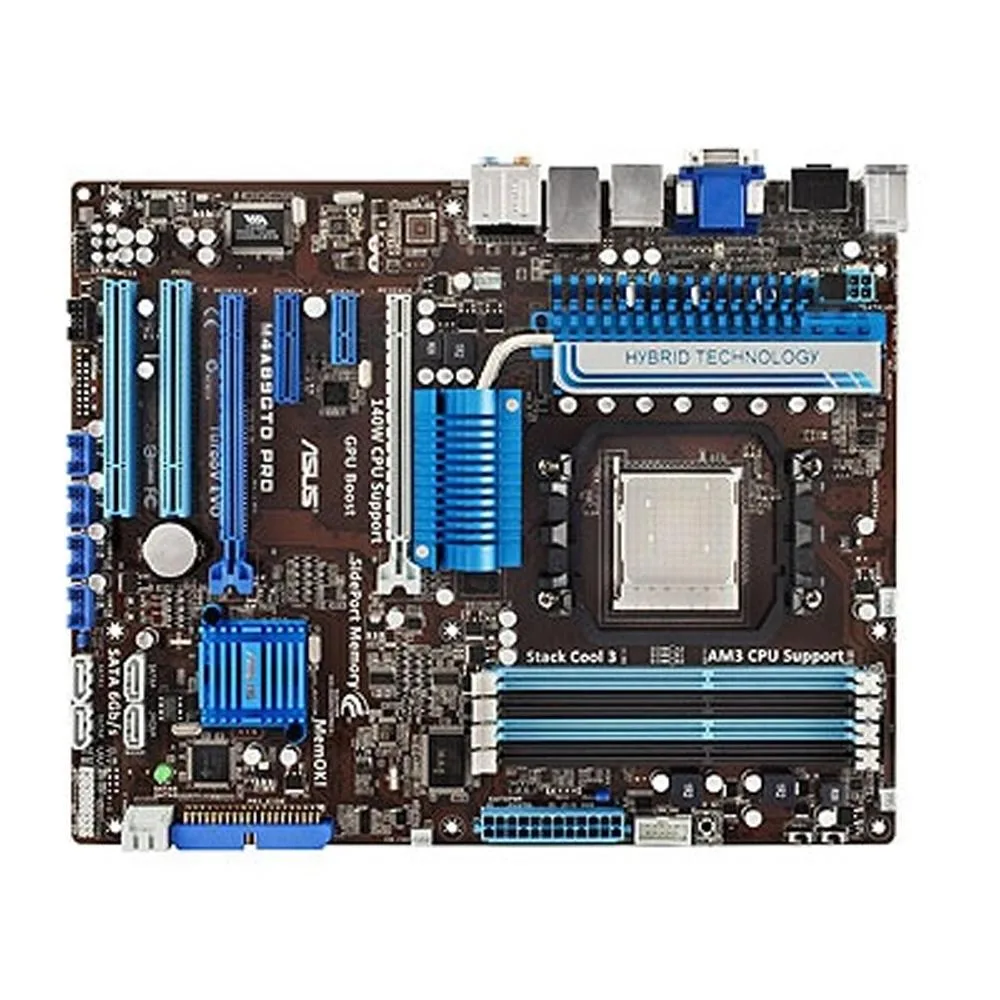 Rectangular ATX motherboard, dark PCB with silver heatsinks and blue expansion slots