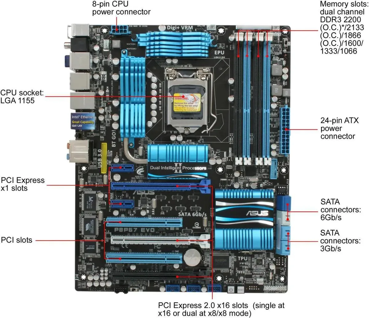ASUS ASUS P8P67 EVO LGA 1155 Intel P67 DDR3 32GB ATX Intel motherboard — preces foto