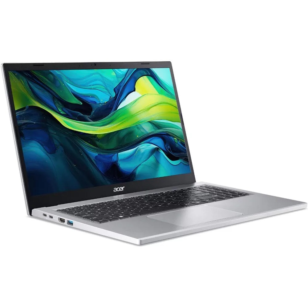 Silver 15.6 inch touchscreen laptop open on desk