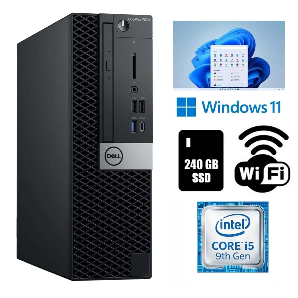 Compact black small form factor desktop tower with DVD drive and Wi-Fi adapter