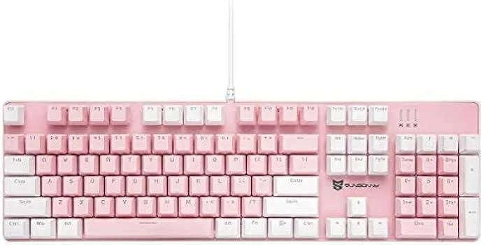 Pink and white full-size mechanical keyboard with 104 keys and white LED backlighting