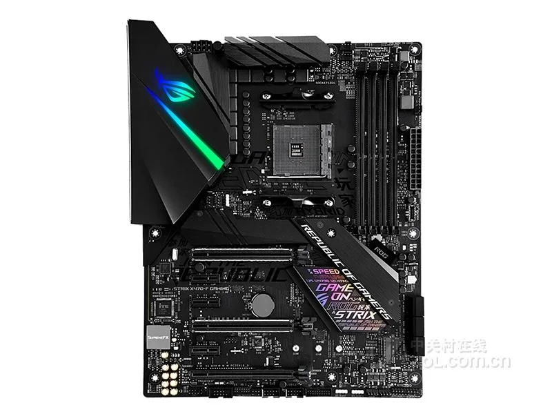 ATX motherboard black PCB silver heatsinks AM4 socket DDR4 slots