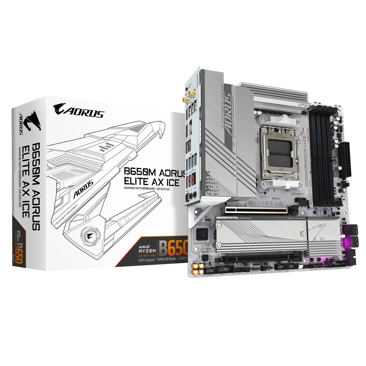White m-ATX motherboard with silver heatsinks and four DDR5 slots