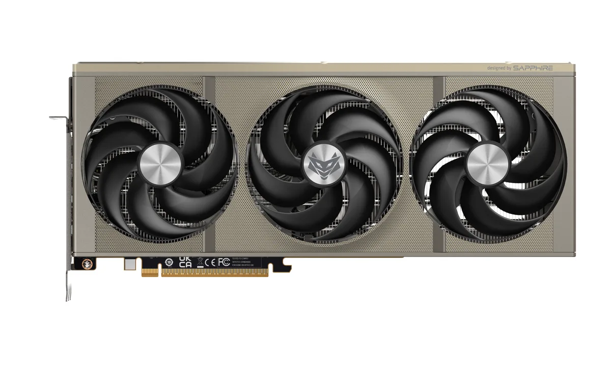 Sapphire Nitro+ RX 9070 XT triple-fan graphics card, dark metal shroud with silver accents