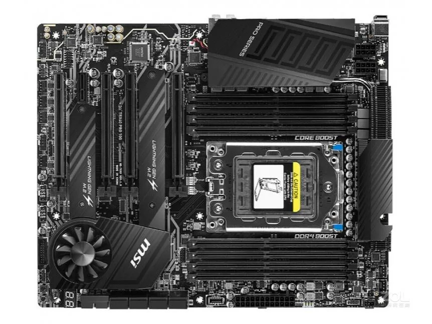 ATX motherboard dark PCB silver heatsinks sTRX4 socket four PCIe slots dual LAN ports