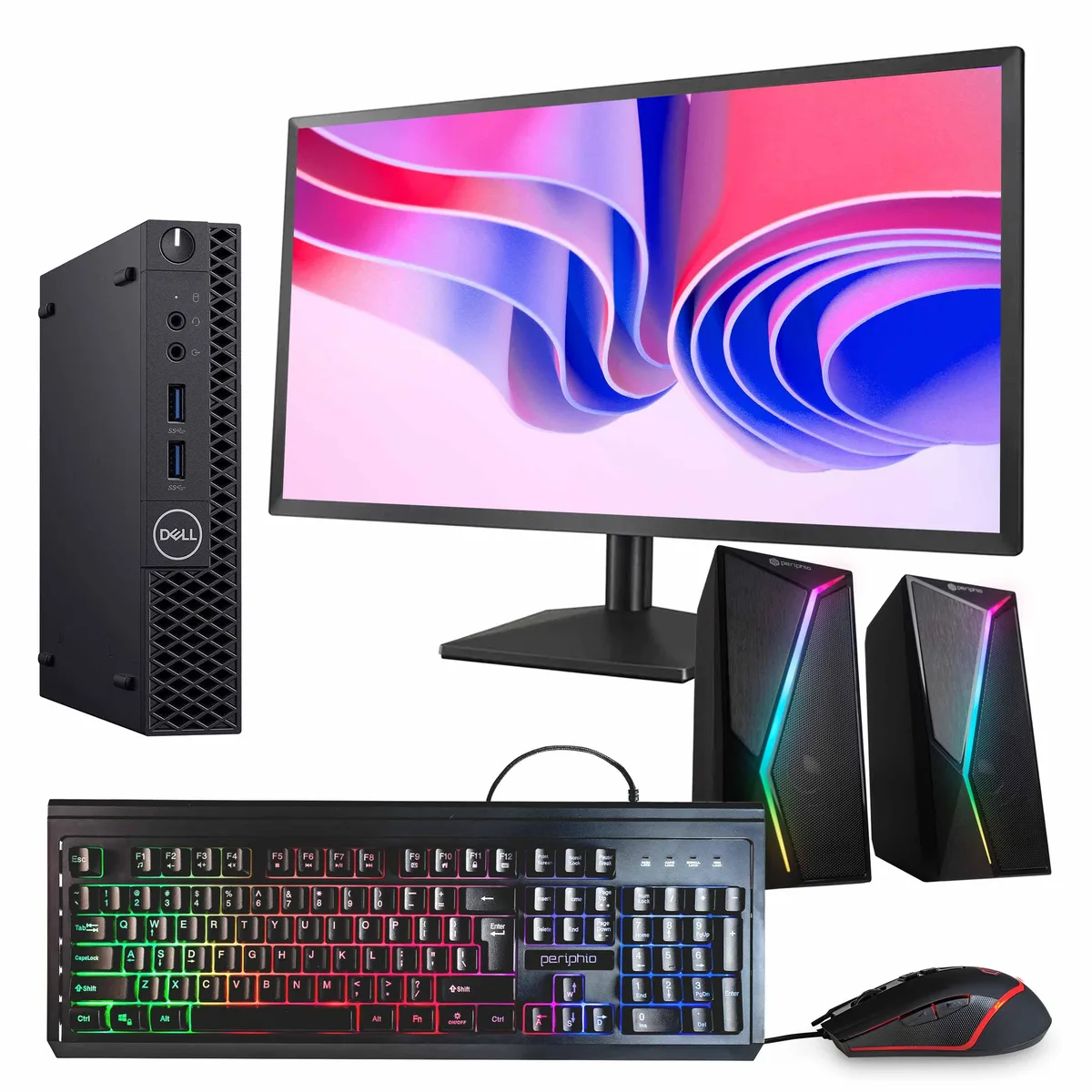 Dell OptiPlex 3070 Mini PC black compact desktop with 24 inch monitor RGB speakers keyboard and mouse