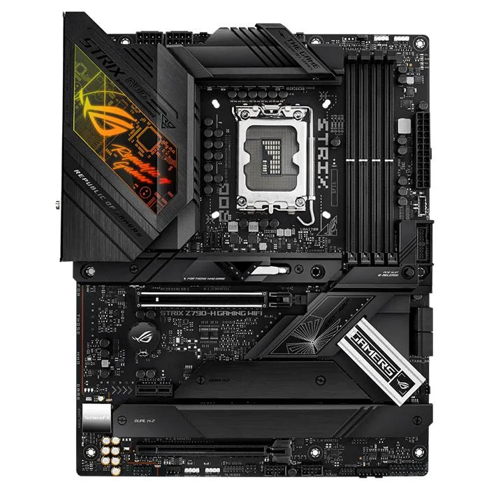 Black ATX motherboard with silver heatsinks and I/O shield