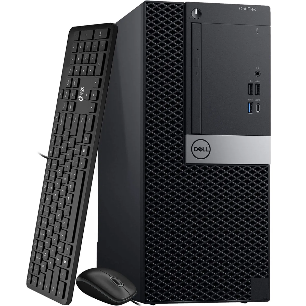 Black Dell OptiPlex tower desktop with wired keyboard and mouse