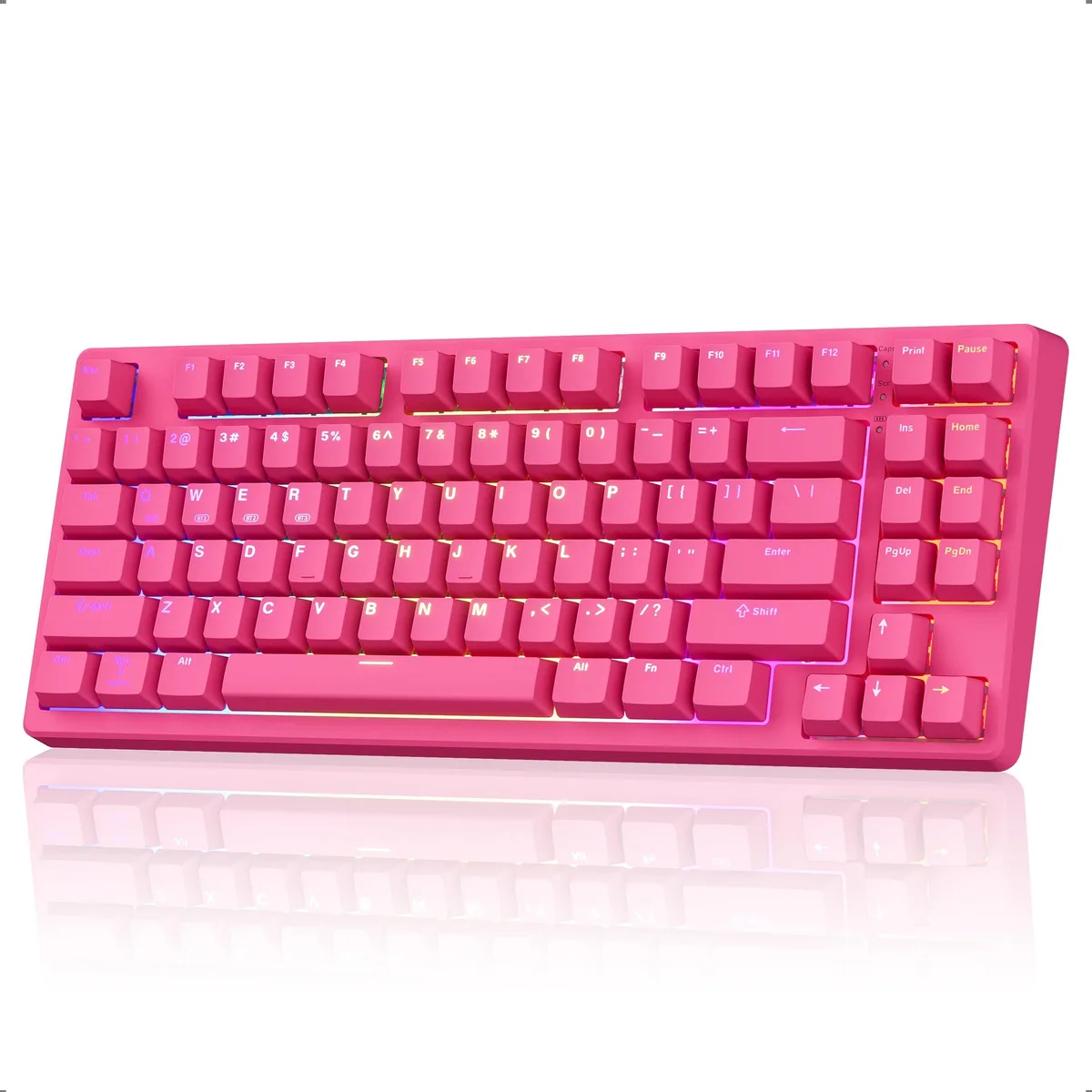 Compact 75% mechanical keyboard in Berry Red plastic with RGB backlighting