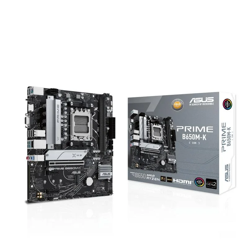 ASUS PRIME B650M-K-CSM micro ATX motherboard, black PCB with silver heatsinks