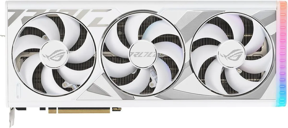 White triple-fan graphics card with die-cast frame, backplate and ARGB lighting