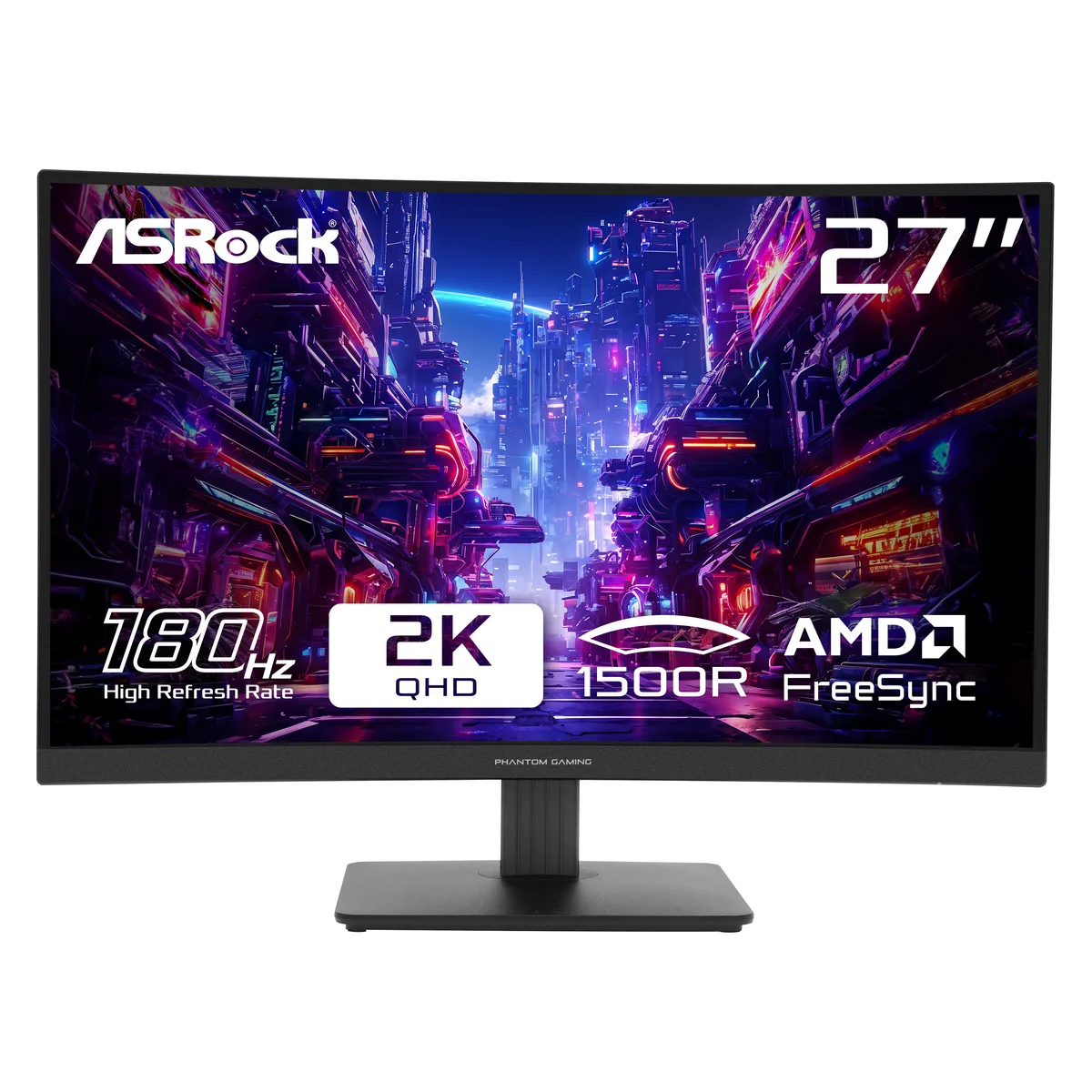 27-inch curved black gaming monitor with three-sided frameless design