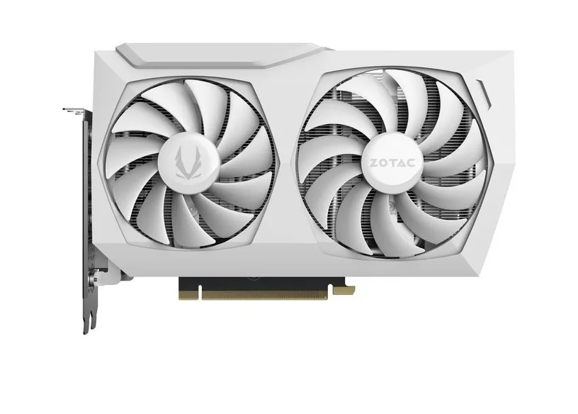 White dual-fan graphics card with wraparound backplate