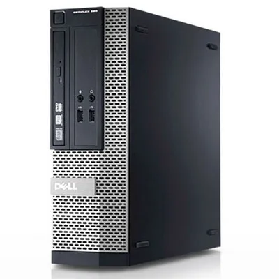 Small black and silver Dell OptiPlex 390 desktop tower with keyboard and mouse