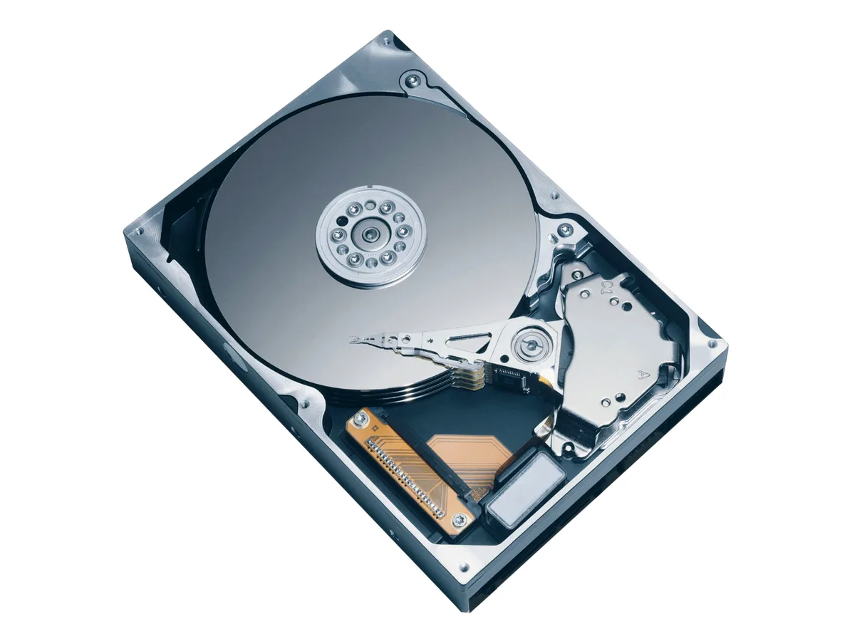 Silver 3.5 inch bare hard drive with circuit board visible