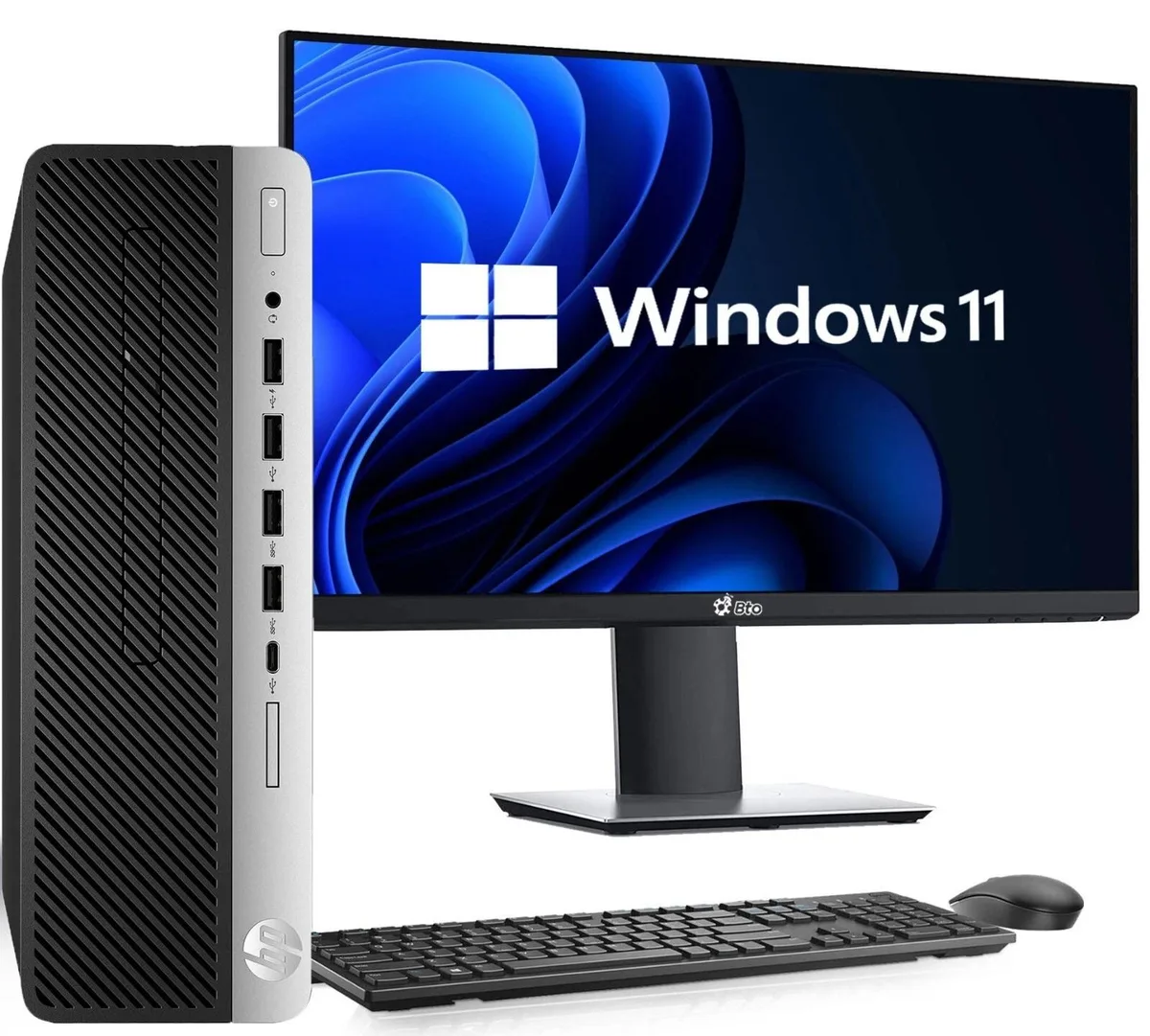 HP ProDesk 600 G3 small form factor desktop tower and 24 inch monitor with keyboard mouse