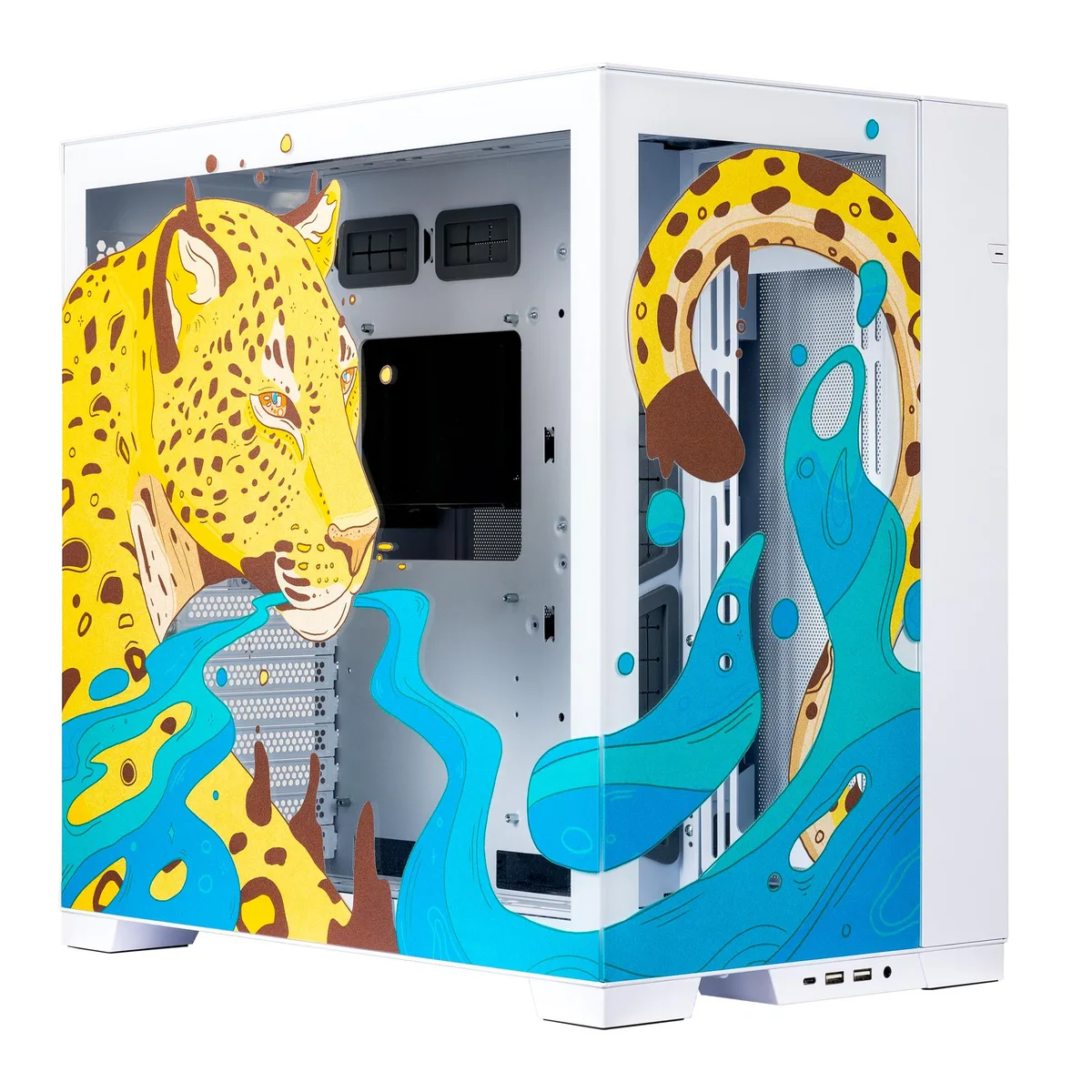 Mid-tower aluminium and steel case with tempered glass panels in blue and peach finish