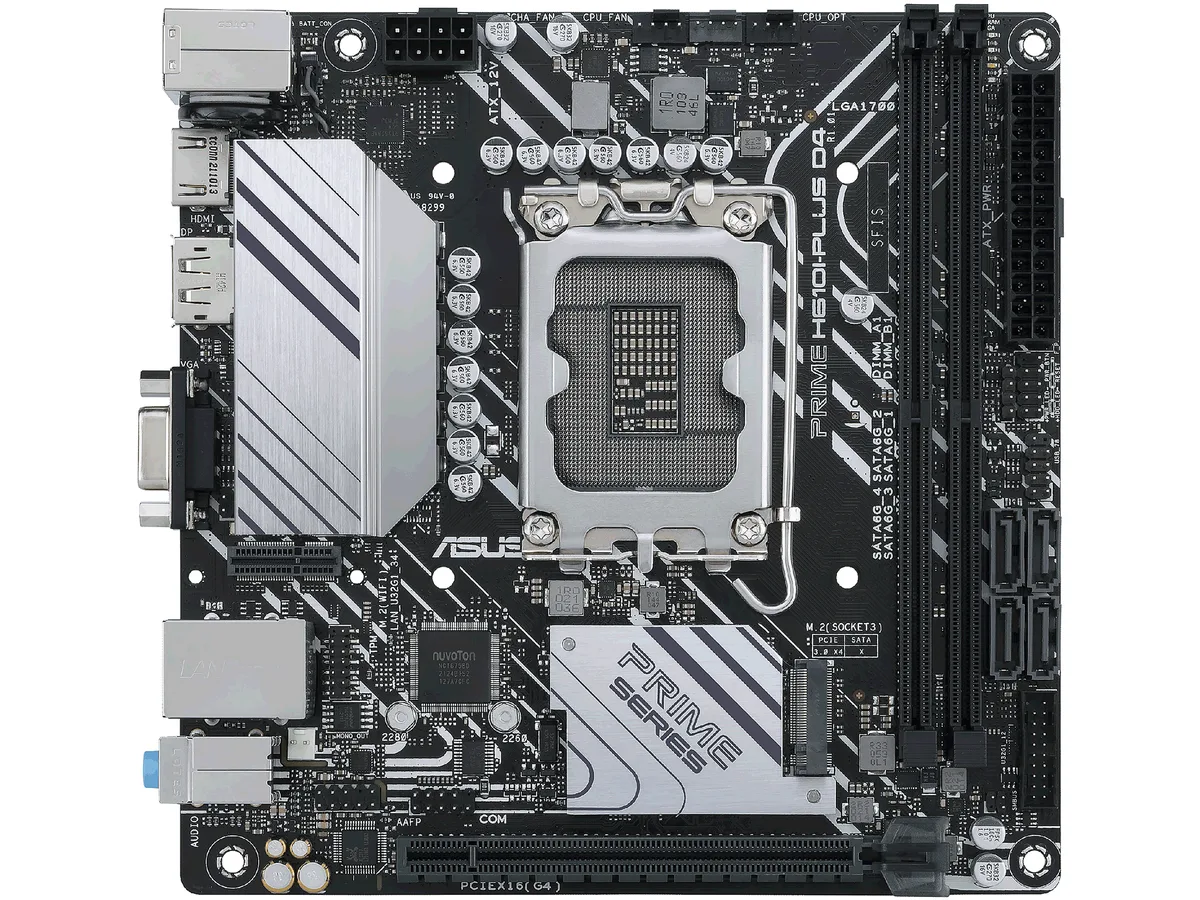Green mini-ITX board with black VRM heatsink and silver I/O shield