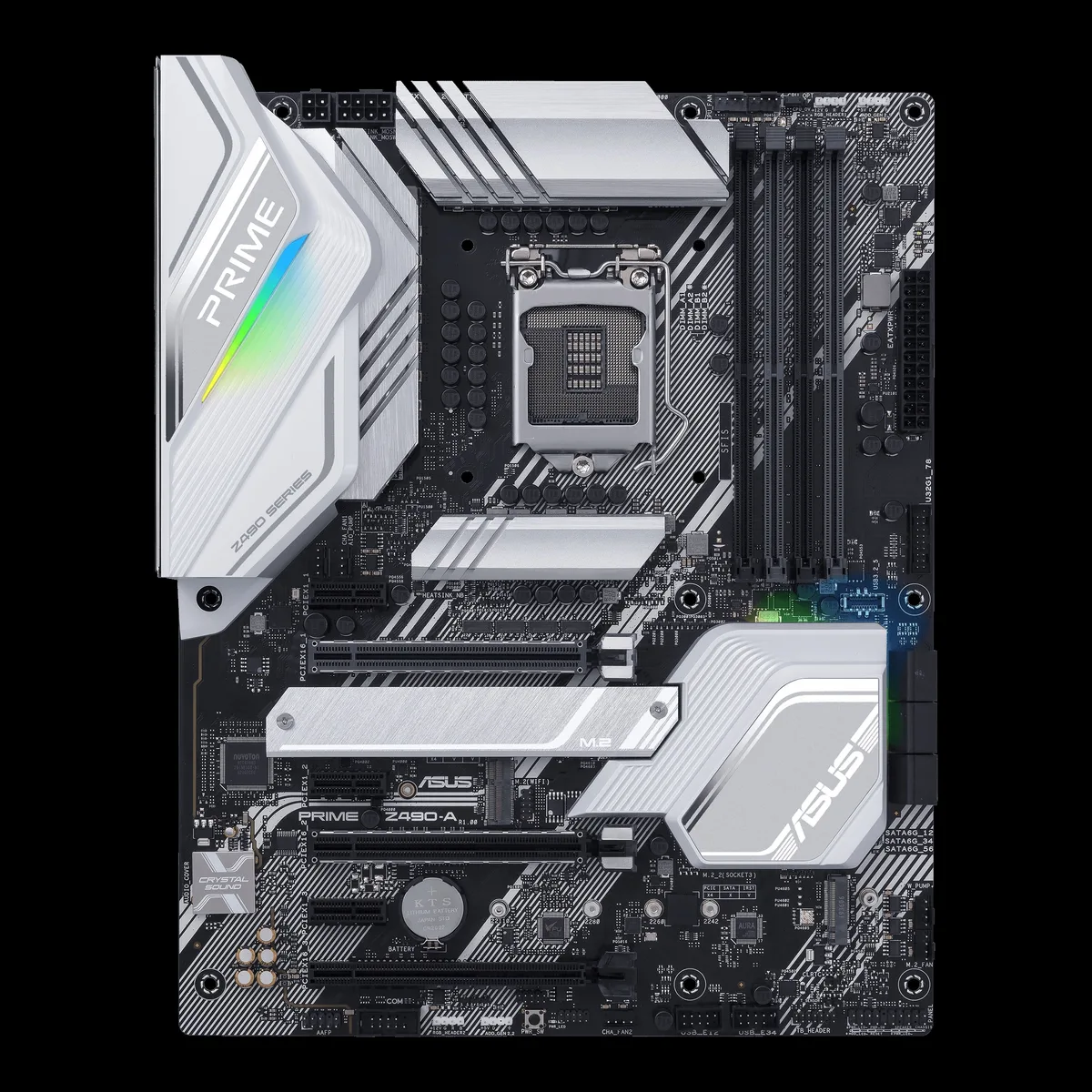 ATX motherboard in black with silver heatsinks and LGA 1200 socket