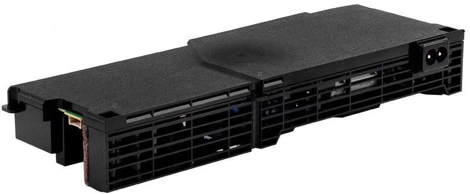 Rectangular black metal power supply unit with 5-pin connector