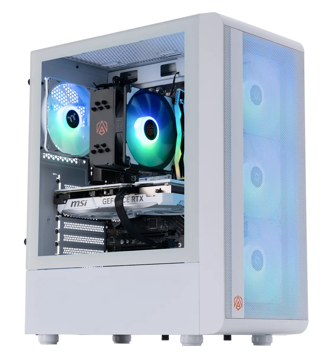 White mid-tower gaming PC with glass side panel showing RGB memory and graphics card