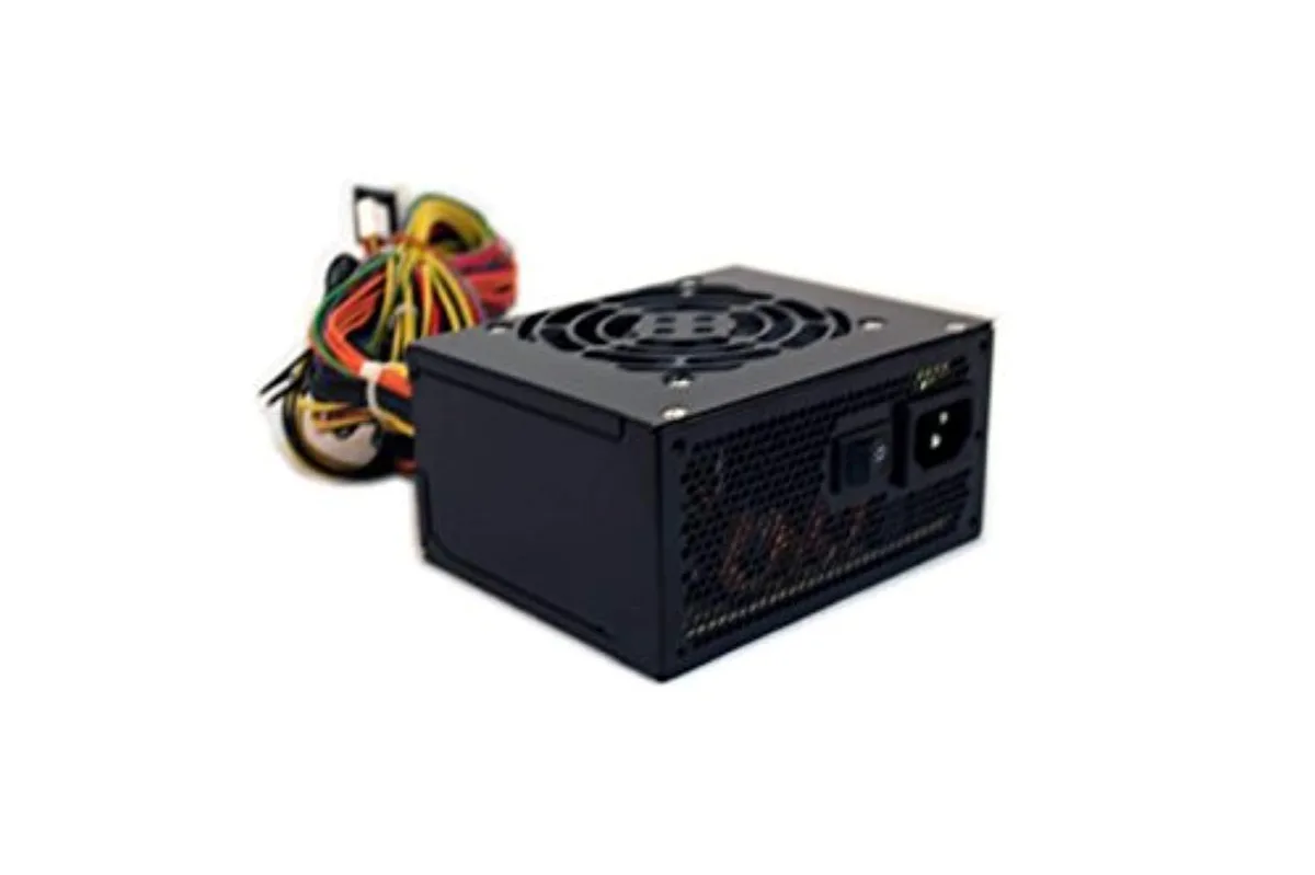 Rectangular metal ATX power supply unit with single fan and 20+4 pin connector