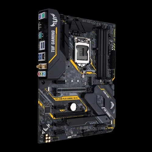 ATX motherboard with dark grey heatsinks and yellow accents