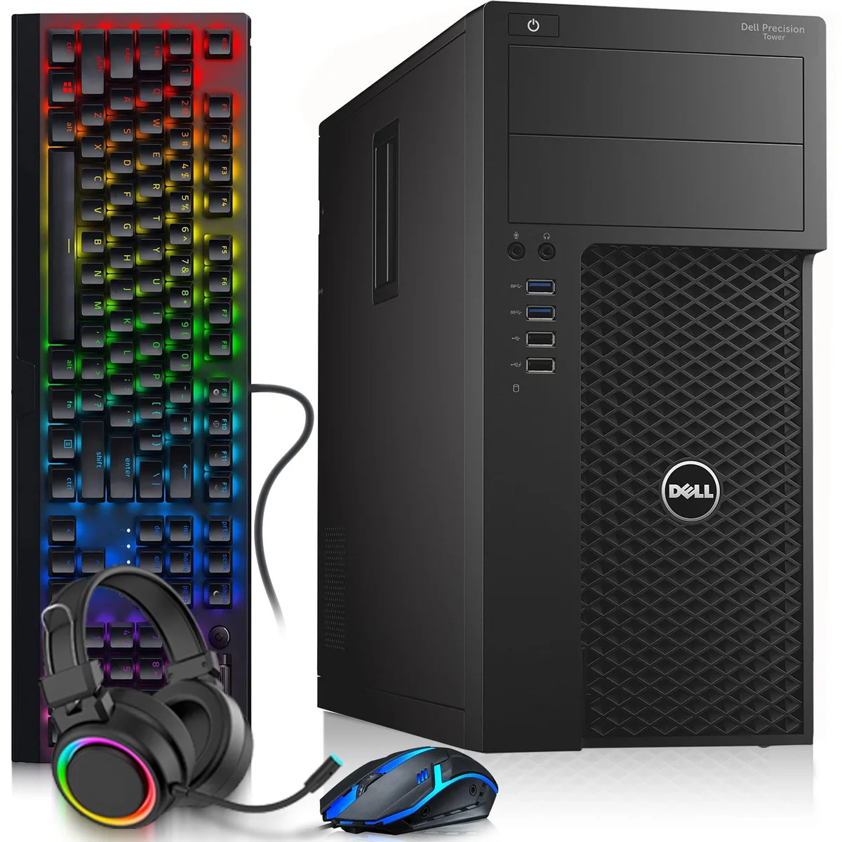 Black Dell Precision 3620 tower desktop with RGB keyboard, mouse and headphones