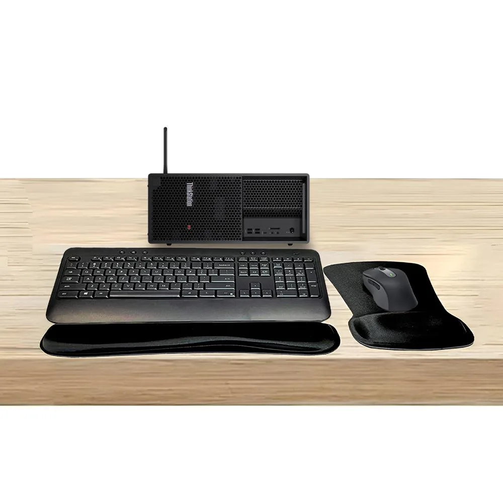 Tower desktop in graphite with wireless keyboard, mouse and gel wrist pad