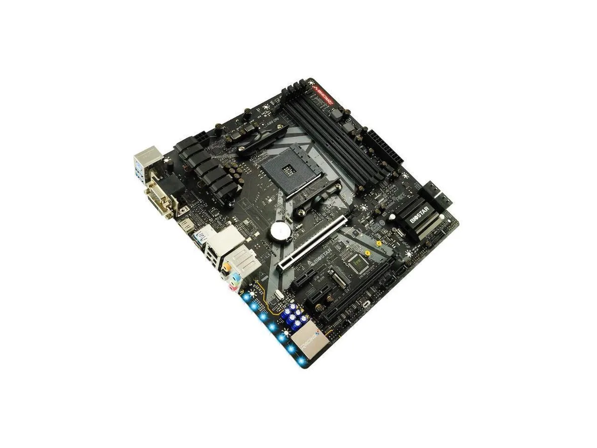 Biostar B450GT3 micro ATX motherboard, dark PCB with silver heatsinks