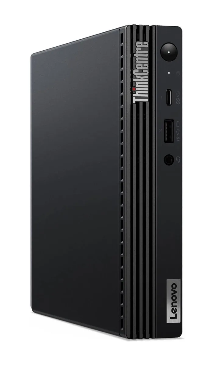 Black Lenovo ThinkCentre M80q Tiny desktop with 22-inch monitor, keyboard and mouse