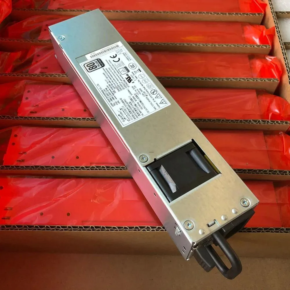 Rectangular silver 1U power supply unit with ventilation grille and rear connectors